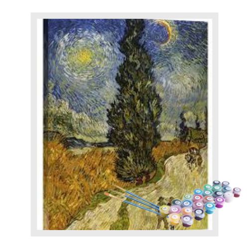 Kit Pintura Numerada Terapêutica - Campo de trigo com ciprestes Van Gogh